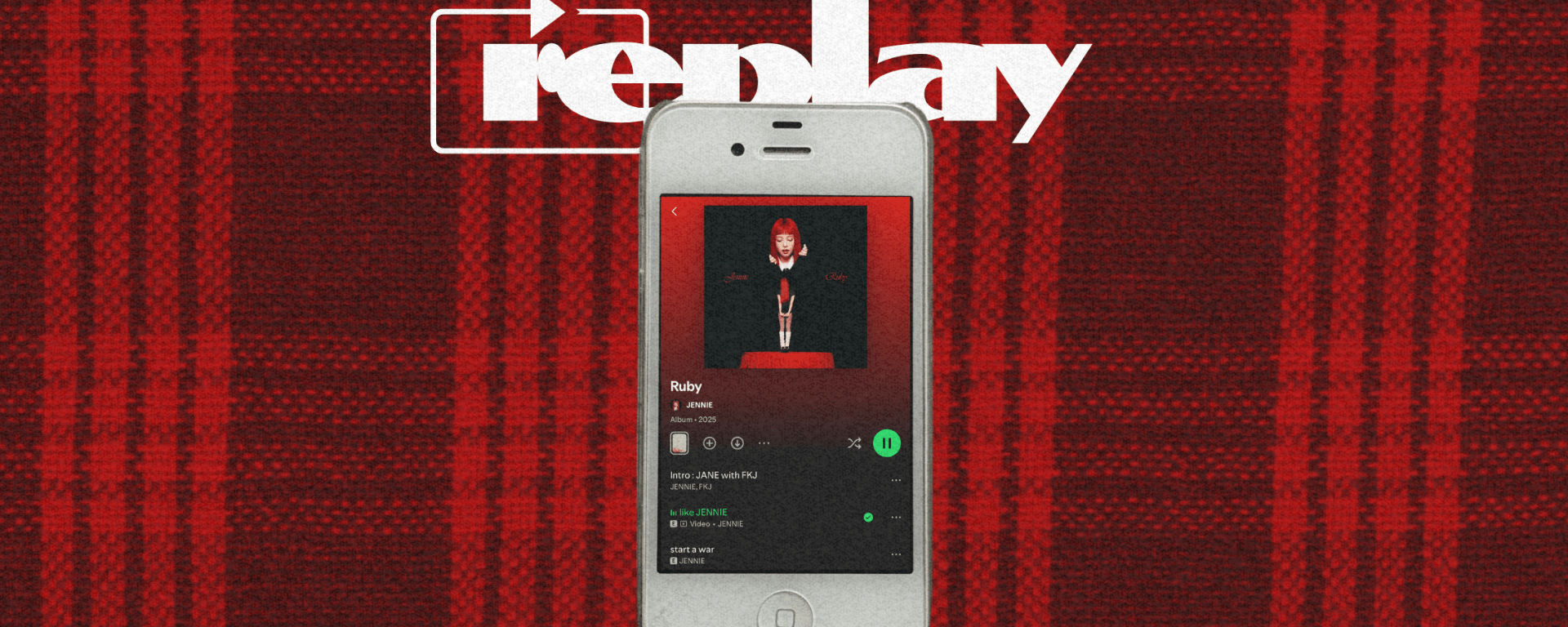 Tartan background. Iphone 4s in the middle of the screen with a screen shot of Ruby by Jennie on Spotify overlayed on the iphone 4s. 4 star rating in the top left corner of the image.